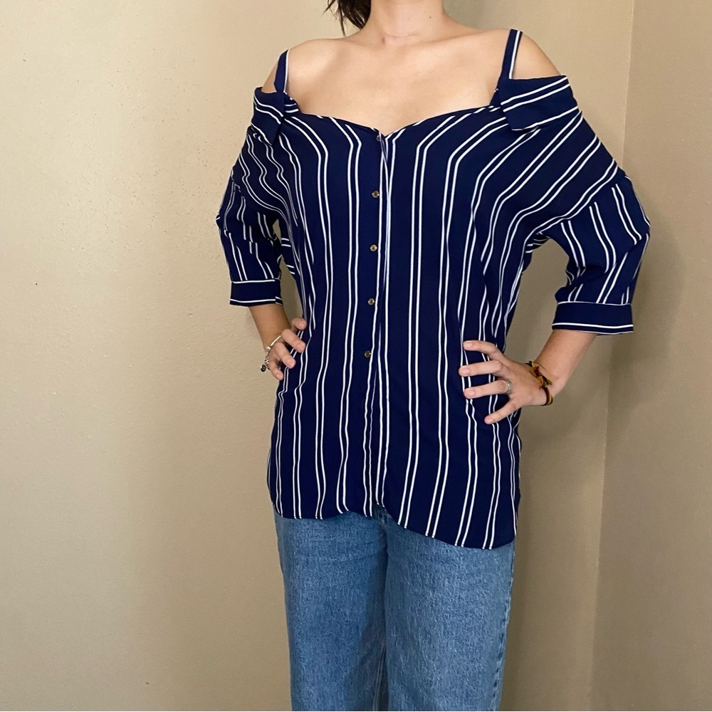 Love J Navy Blue Stripped Long Sleeve Strap Long Blouse Button up size S